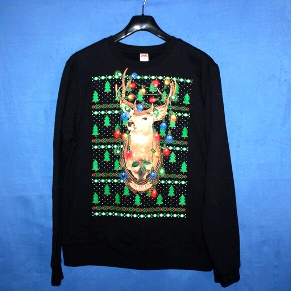 Holiday Time Ugly Christmas Sweater Deer Print Black Medium